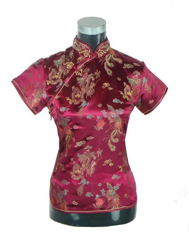 Burgundy Women S Printed Blouse Traditional Chinese Polyester Shirt Top