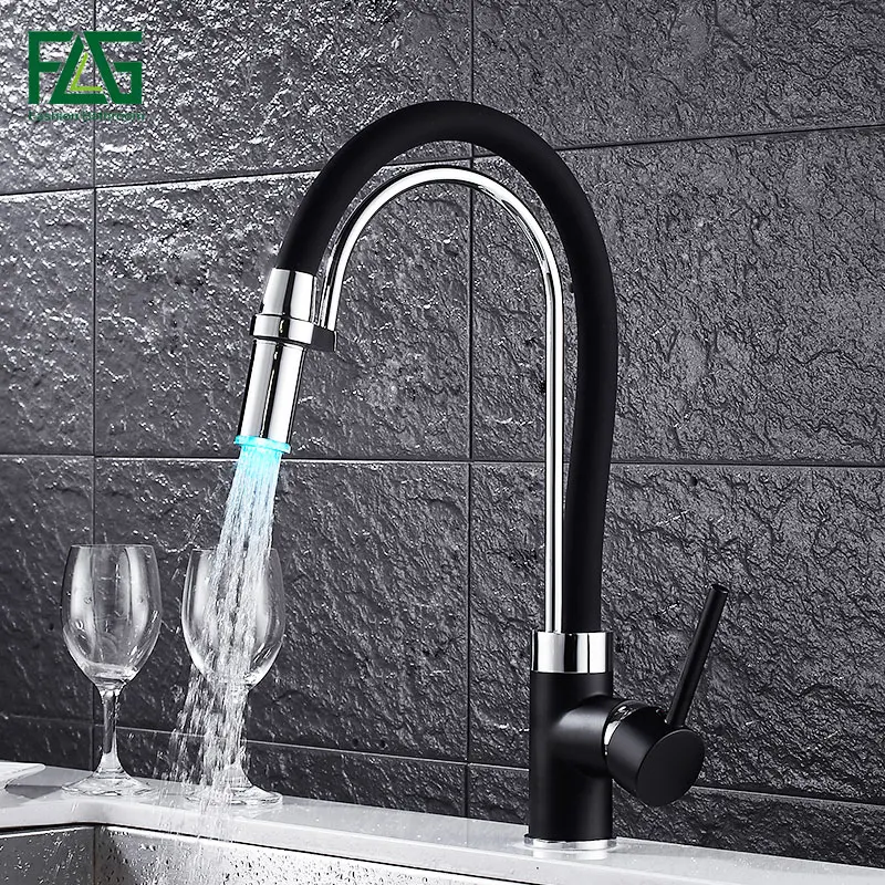 FLG LED Kitchen Faucet Black and Chrome Finish Faucets Single Handle 360 Degree Rotating Cold