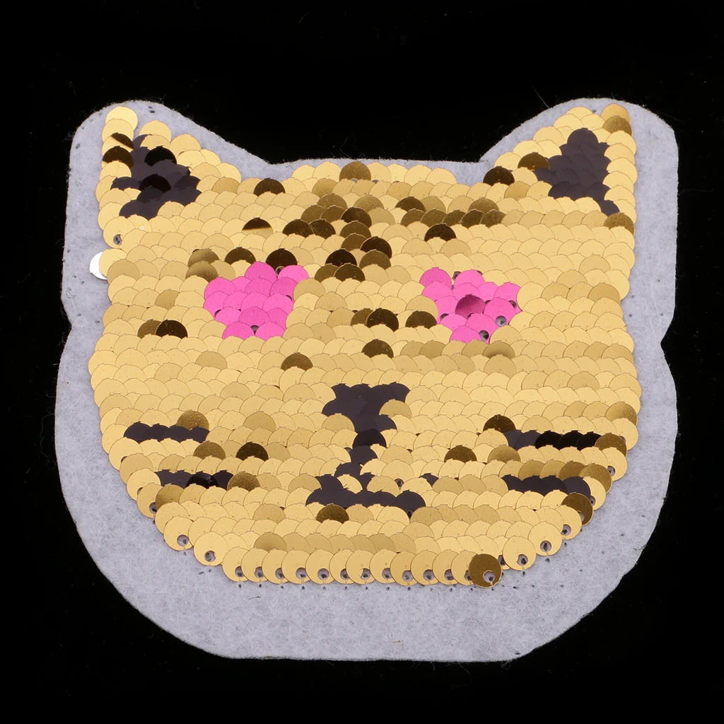 Catoon Cat Reversible Patch Embroidered Iron on Sew on Applique Glitter Sequin for Jeans T-shirts Clothing