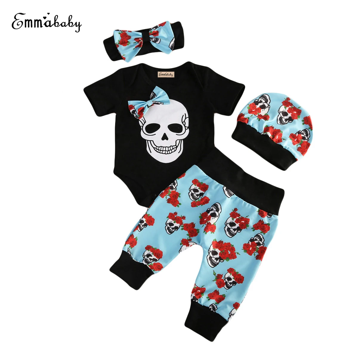 

Baby Outfit Sets Newborn Babys Kid Clothes Set Short Sleeve Skull Jumpsuit Bodysuit Long Pants Hats Haeadband Outfit Set 4pcs