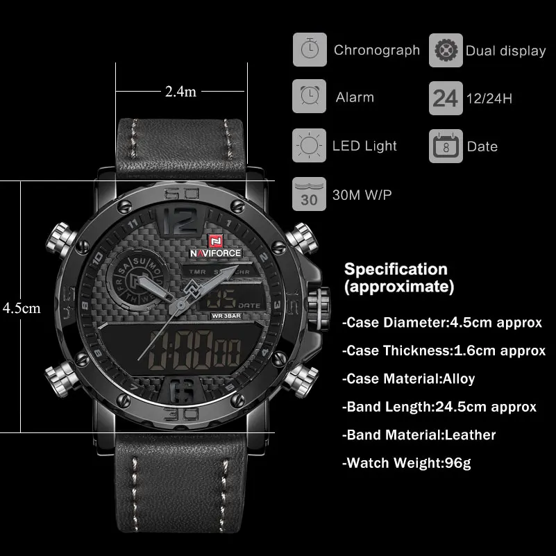 Мужские спортивные часы NAVIFORCE Лидирующий бренд водонепроницаемые светодиодный