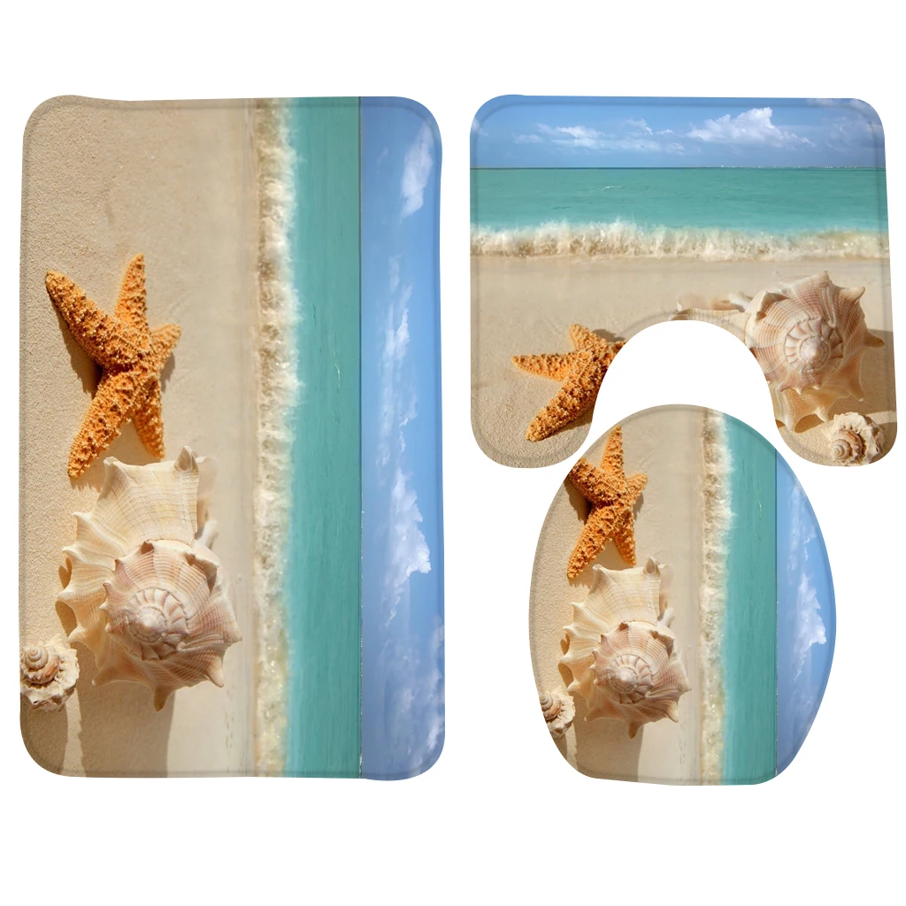 3pcs Bathroom Rug Set Beach Starfish Screws Pattern Bath Mat Anti Slip