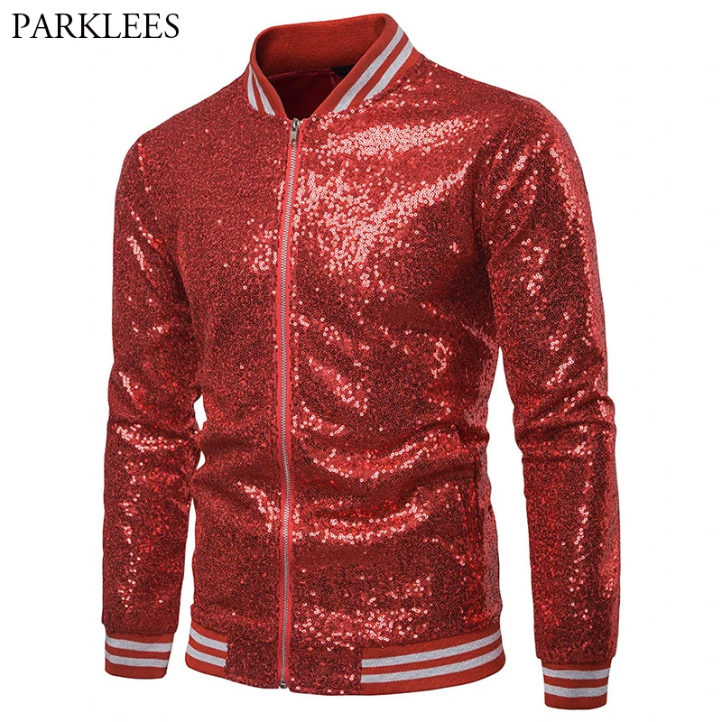 Shiny Red Sequin Zipper Bomber Jacket Men 2018 Hip Hop