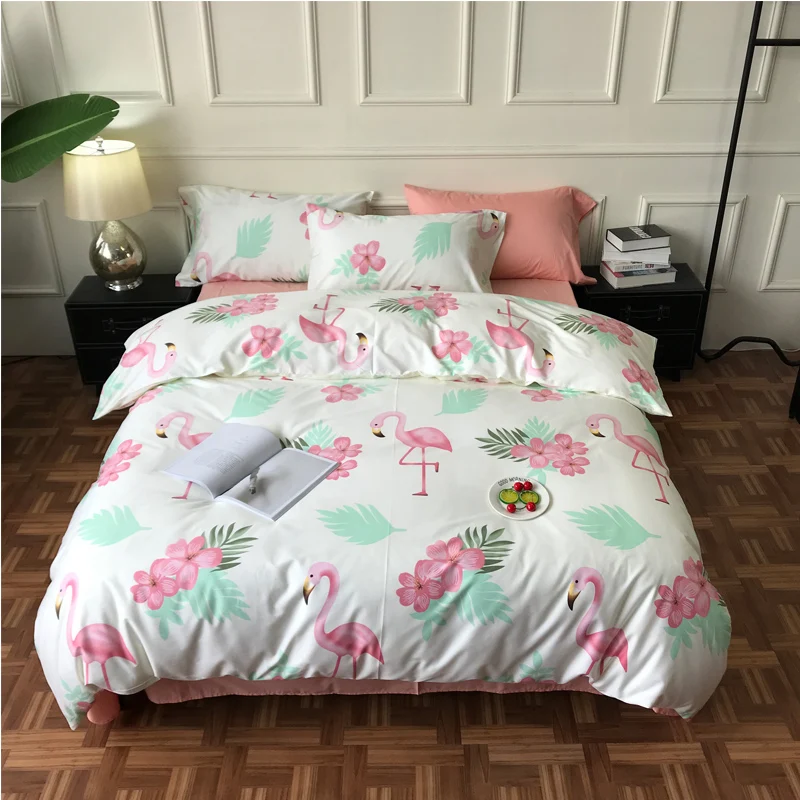 

iDouillet Flamingo Leaves Printing Bedding Set 4pcs 100% Cotton Floral Duvet Cover Bed Sheet Pillowcases Wedding Queen King Size