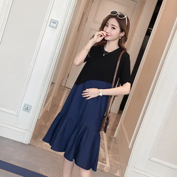 

Stylish Denim Patchwork Cotton Maternity Dress Summer Korean Fashion 3XL Clothes for Pregnant Women Pregnancy Clothing