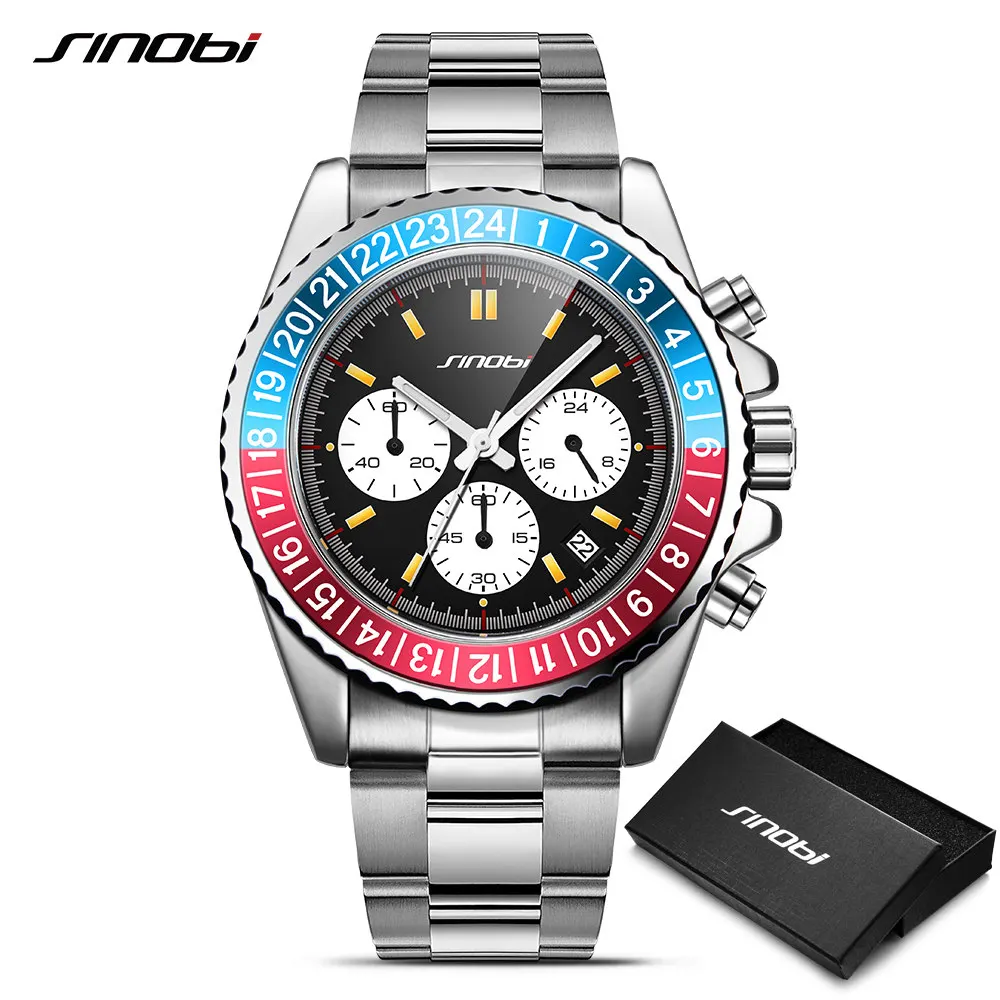 SINOBI New Luxury Men Watch Rotatable Bezel Full Steel Submariner series Watch Top Brand Luxury Chronograph Quartz Watch Relogio
