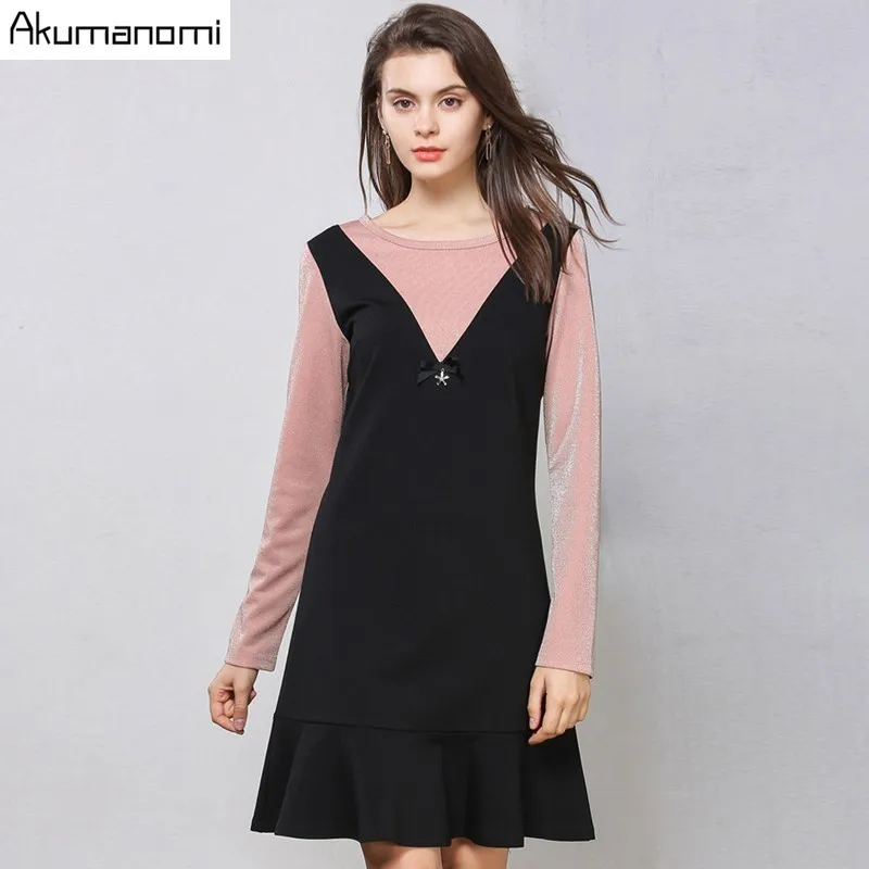 Autumn Patchwork Dress Women Clothing O-neck Full Sleeve Bow Sequined Fish Tail Spring Dress Plus Size 5xl 4xl 3xl 2XL Xl L M