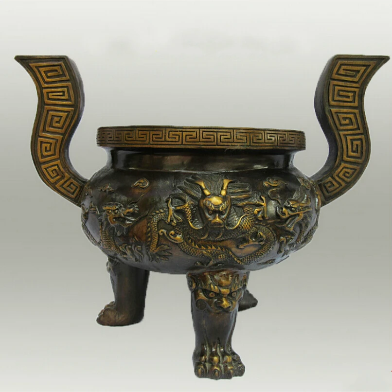 

Big dragon censer !!! Antique Antiques Old Handwork Chinese Copper Carved Dragon Double ear Incense Burner/Statue