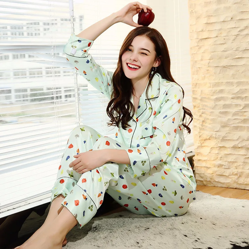 

Faux silk pajama set female spring long sleeve long pants print turn-down collar button pockets plus size lounge set