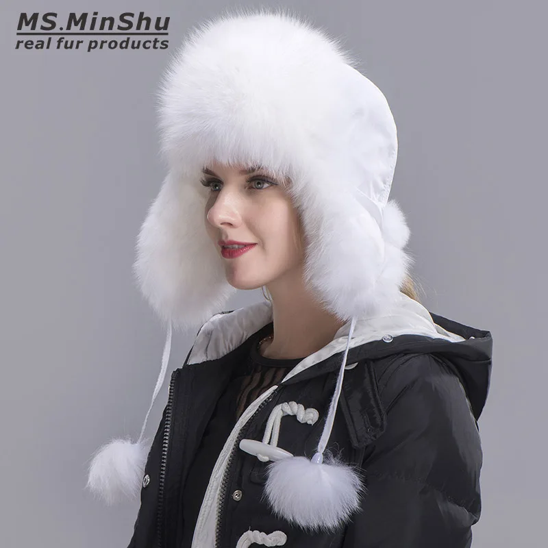 Womens Fur Trapper Hat with Sheepskin Earflap Bomber Hat Winter Fur Hat