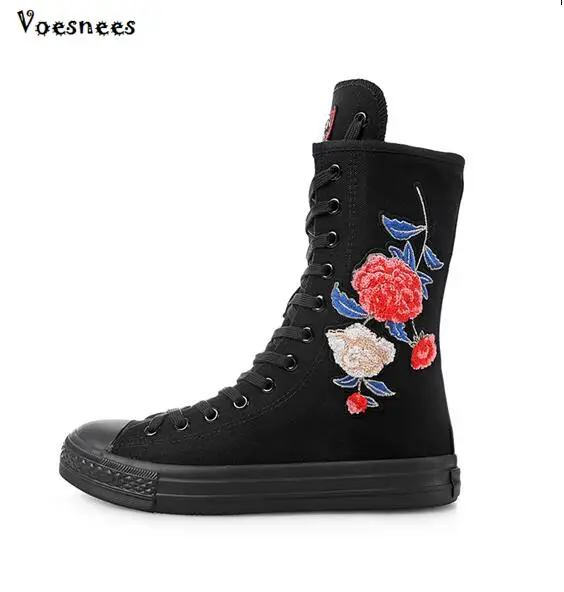 

2018 Women Fashion High-top Zipper Embroider Flat Boots Long-barreled Casual Flat Canvas Boots Women Tall Punk Shoes Size 34-43