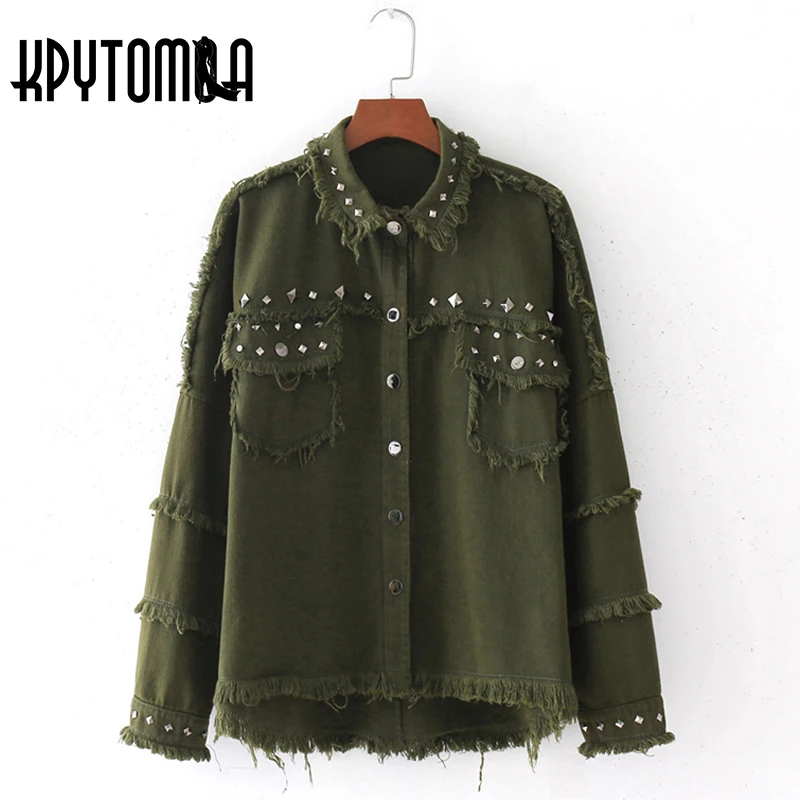 Kopen Vintage Legergroen Patchwork Klinknagels Omzoomd Kwastje Jas Vrouwen 2018 Nieuwe Mode Herfst Punk Stijl Lange Mouwen Casual Denim Jas