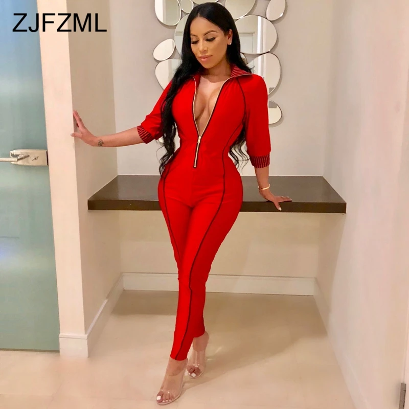 Front Zipper Sexy Rompers Womens Jumpsuit 2018 Turn-Down Collar Three Quarter Sleeve Bodycon Overalls Autumn One Piece Bodysuit