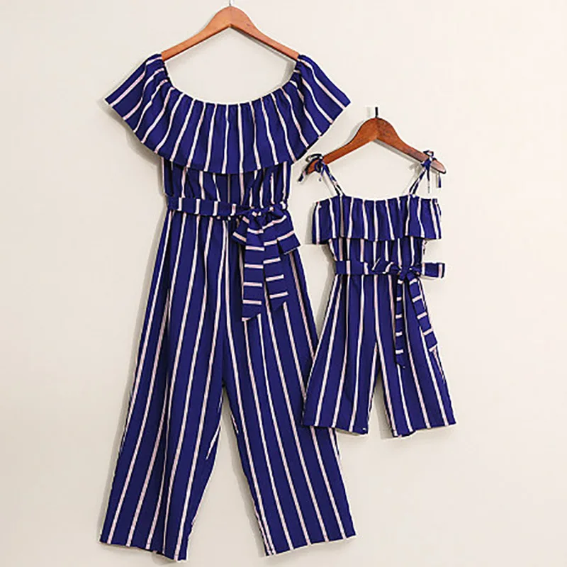 

Family Look Mother Daughter Dresses Striped Matching Overall Pants Mommy and Me Clothes Mom Mum and Baby Dress Family Outfits
