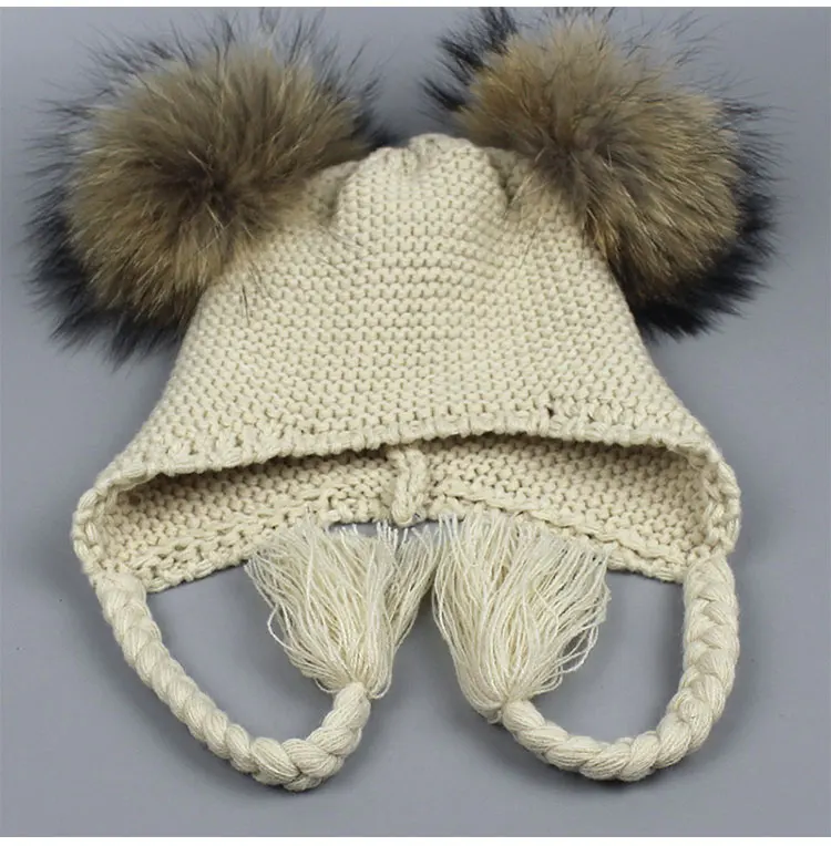 Детские зимние шапки для девочек и мальчиков, хлопковая плотная теплая вязаная шапка с ушками, шапка с натуральным мехом енота и лисы, лыжная шапка с двумя помпонами Skullies