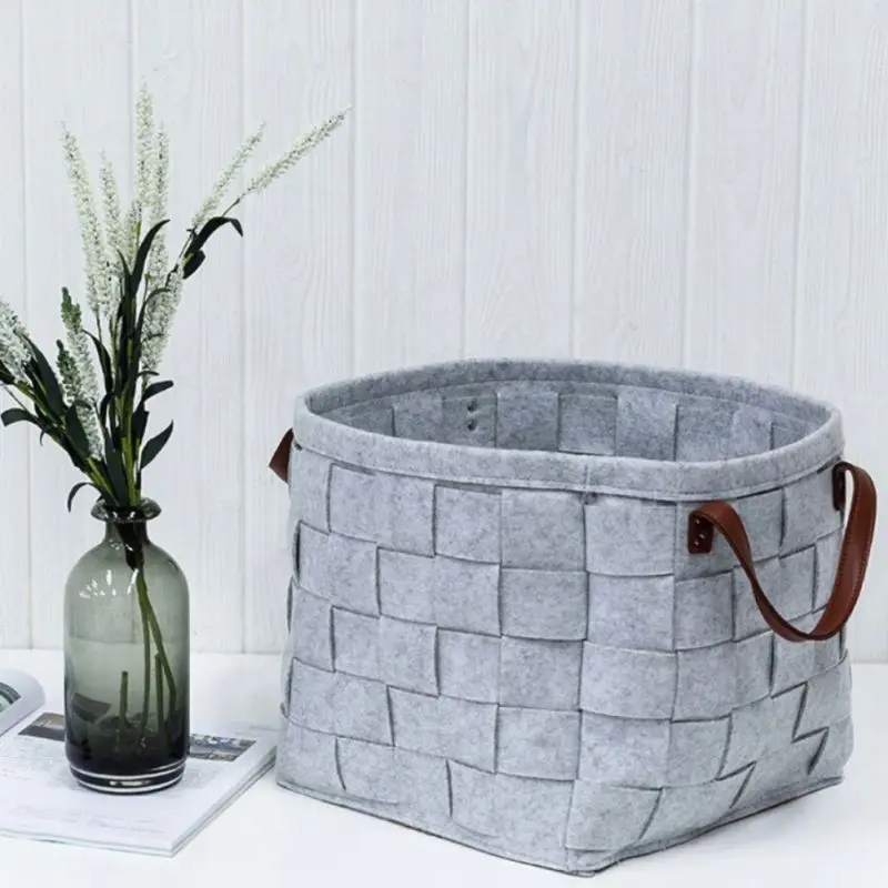 

Hot Large Storage Basket with Handle For Sundries Clothes Home Storage Felt Weave Basket Solid Light Grey Dark Grey for Laundry