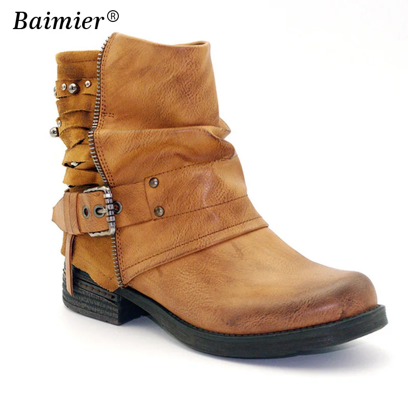 

New Fashion European Style Women Ankle Boots Flats Round Toe Black Zip & Buckle Martin Boots Woman PU Leather Woman Winter Botas