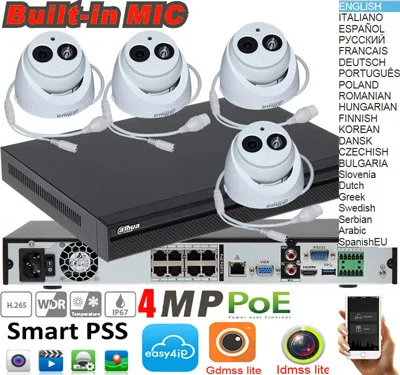 4pcs camera Mutil язык dahua 4 к H.265 8ch POE NVR комплект NVR4208-8P-4KS2 с 8 шт. IPC-HDW4433C-A 4MP аудио купольная POE IP камера комплект - Цвет: 4pcs camera