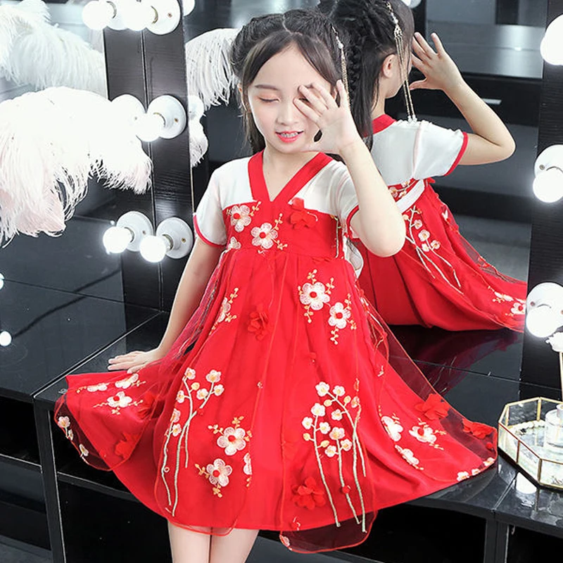 Новинка красное платье Hanfu для девочек юбка Летнее Детское шифоновое розовая