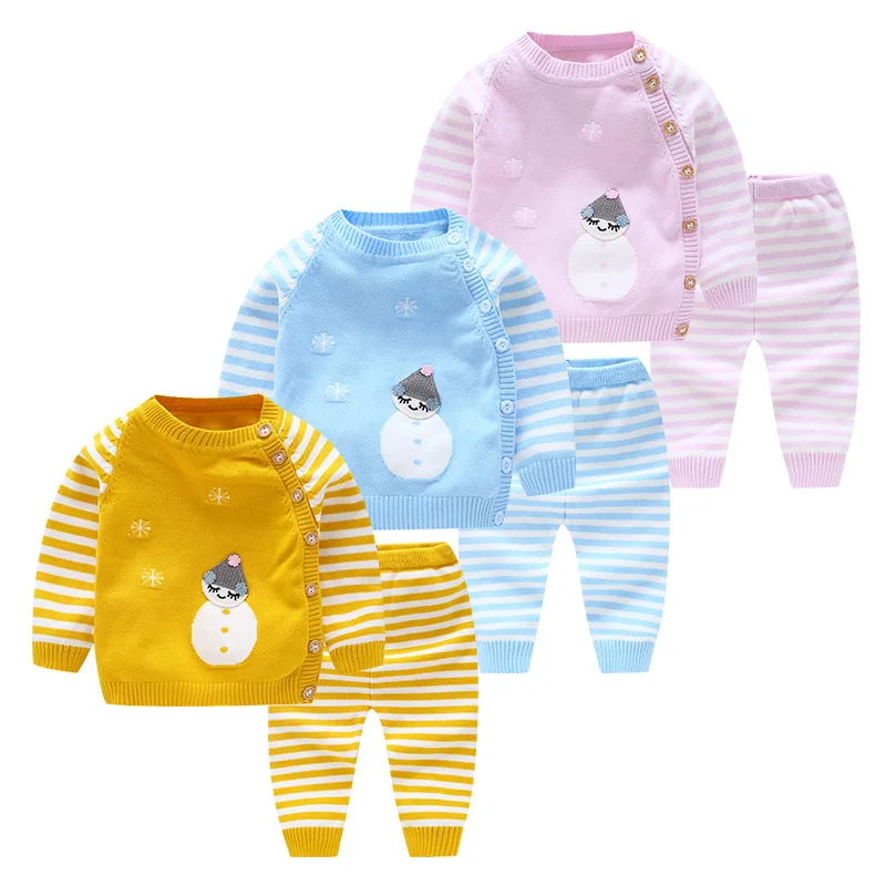 Одежда для малышей 2 предмета, милые штаны в полоску с героями мультфильмов осенне-зимние свитера для новорожденных вязаные комплекты одежды для маленьких мальчиков и девочек