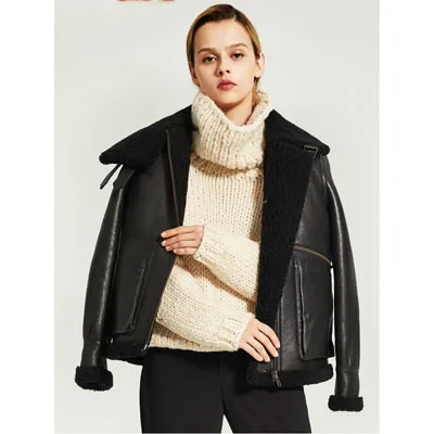 Black Denny& Dora, женская зимняя теплая короткая овчина B3, куртка из овчины, пальто, байкерская куртка из овчины - Цвет: Black
