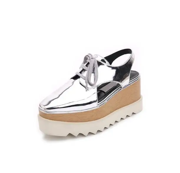 

Women Solid Color Square Toe Ankle Lace Up Platform Shoes Summer Fashion Hollow Out 8cm Wedge Heel Casual Sandals High Quality