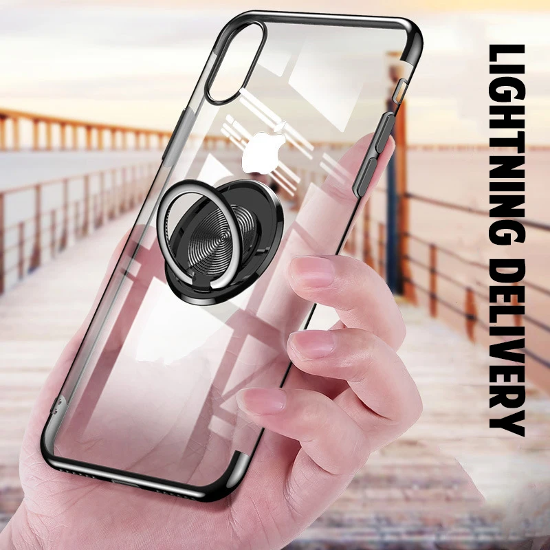 

Slim Silicone Plating Case For Iphone X R XS MAX Magnetic Finger Ring Holder Bracket for iphone 6 7 8 plus Soft Clear Back Cover