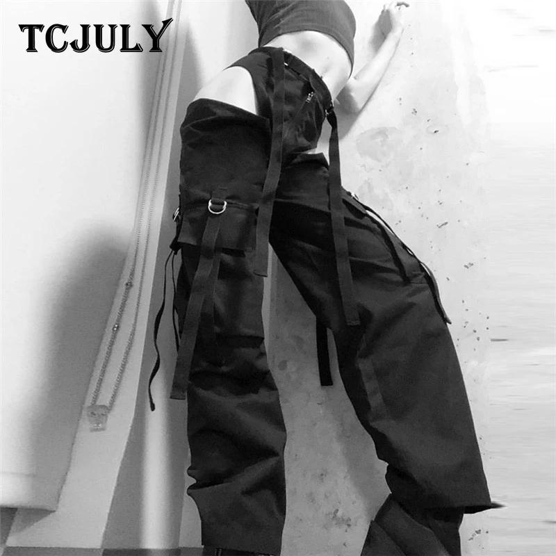 TCJULY новый дизайн стильные штаны в стиле хип хоп женские открытые черные брюки с