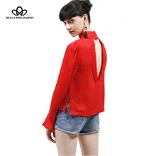 Bella Philosophy/ новые летние женские топы с открытой спиной, расклешенными длинными рукавами, стоячим воротником и дырками, футболки, синие, белые, красные, розовые