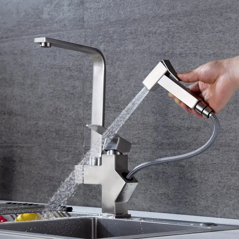 304 Stainless Steel Pull Out Kitchen Faucet With Spray Gun Double