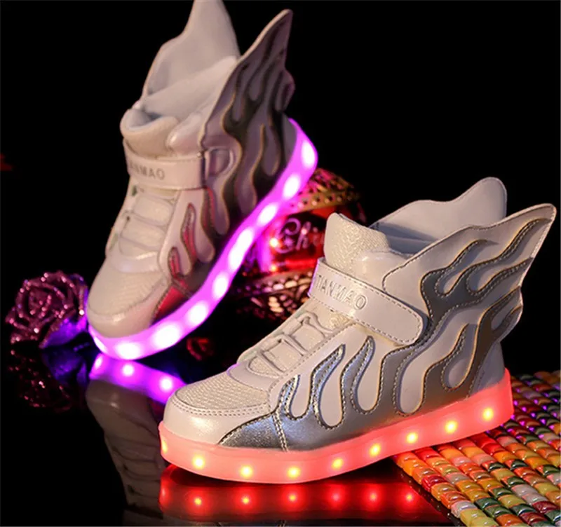 Размеры 25-37; детская обувь с подсветкой и usb-зарядкой; светящиеся кроссовки для мальчиков и девочек; детская обувь с крыльями; светильник