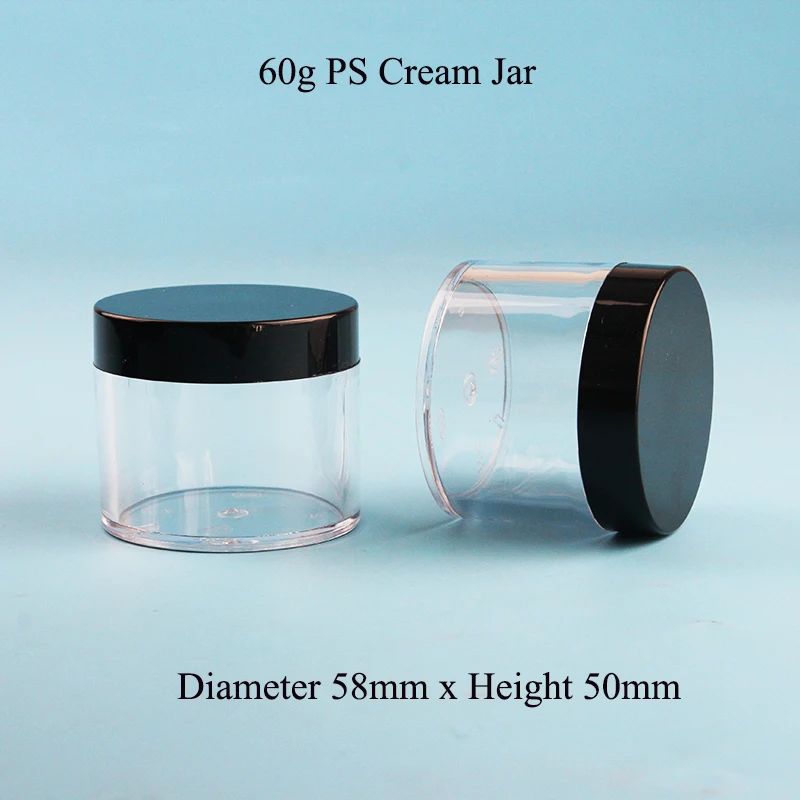 

35pcs/Lot 60g Plastic Bottle Facial Cream Jar 2OZ PS Cosmetic Container Packaging With Black Smooth Cap 60cc Vial Refillable