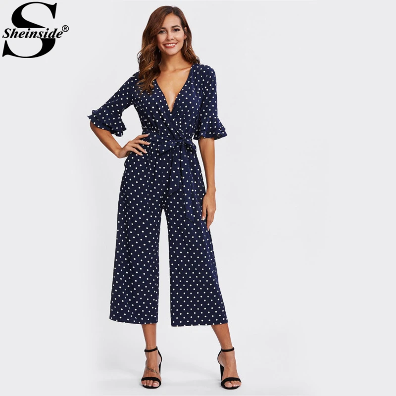 Sheinside Tiered Flare Sleeve Surplice Wrap Polka Dot Jumpsuit V Neck Half Sleeve Sexy Jumpsuit Women Elegant Jumpsuit