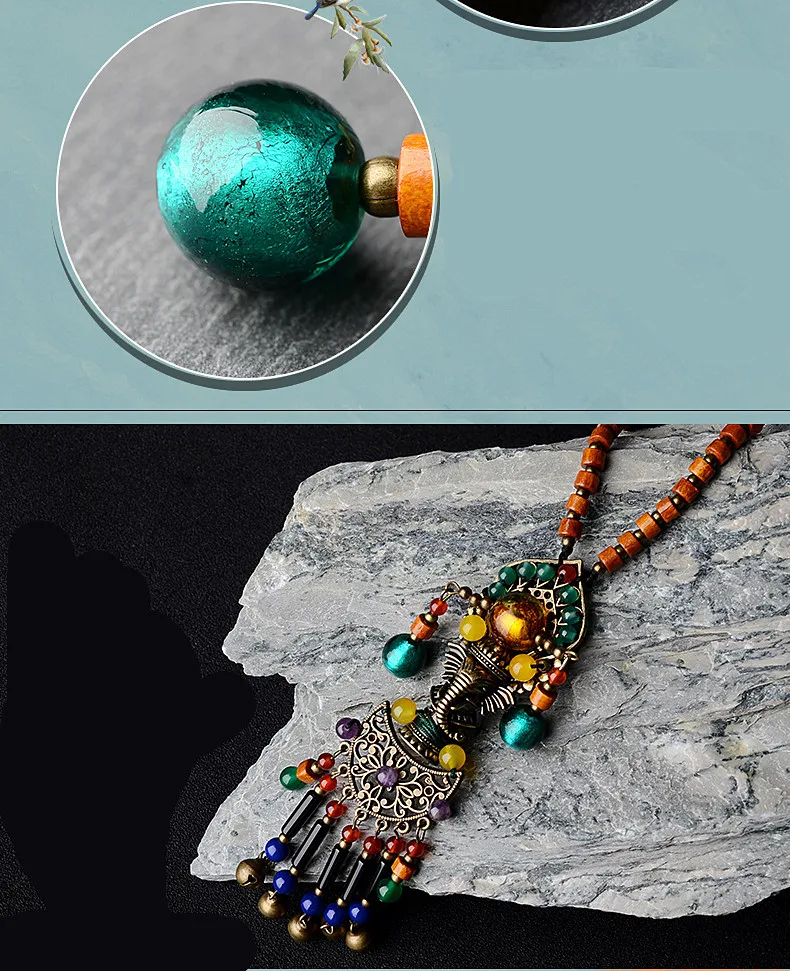 Yanting Bohemia Long Pendant Necklace Women Copper Alloy Elephant Natural Stone Sweater Chain Ethnic Boho Statement Necklace 042 (5)