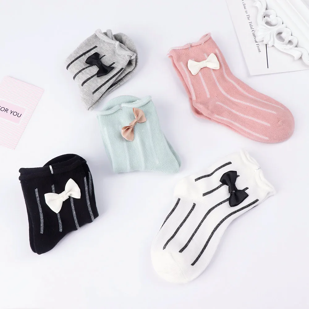 

5 Pairs/Set Spring Style Kid Princess Girls Socks Pure Cotton Children's Bowknot Socks with Striped Baby Socks