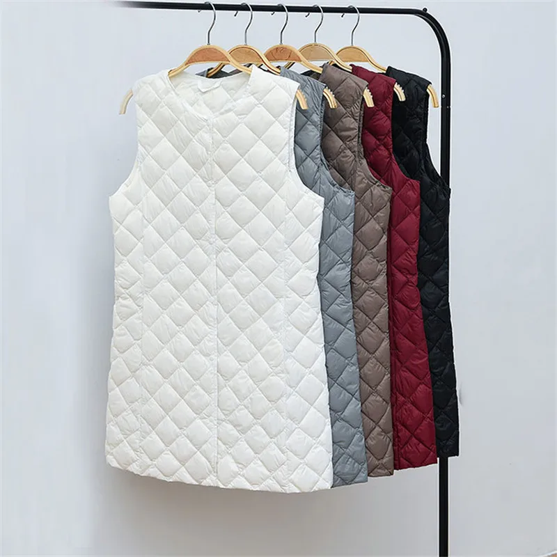 

Autumn Winter Women Sleeveless Long Down Jacket Ultra Light White Duck Down Vest Coat Two Wear Lady Slim Waistcoat Outwear S1512
