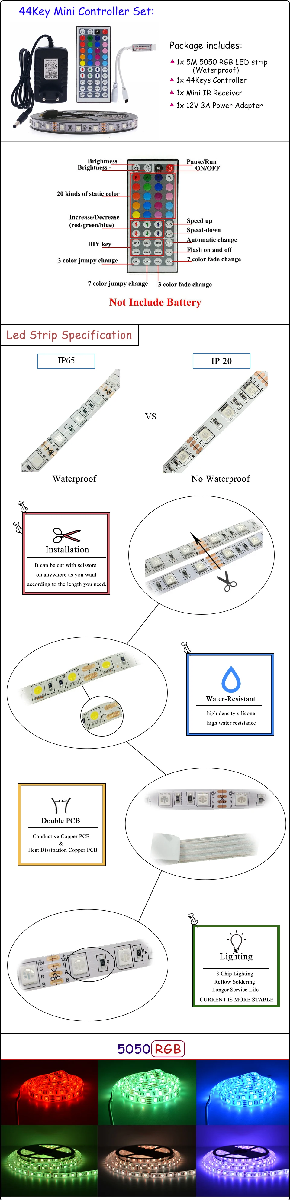 IP65 Водонепроницаемый 5050 RGB 5 м Светодиодные ленты комплект + 44keys ИК-пульт + 12 В 3A Мощность адаптер гибкие ленты украшение дома освещение