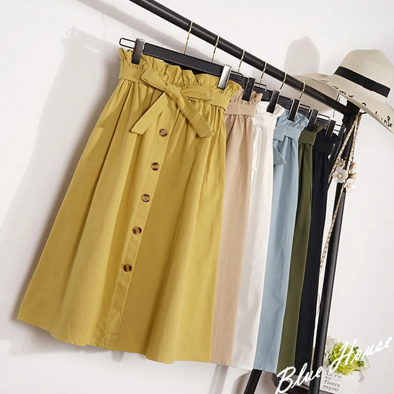 

Summer Autumn Skirts Womens 2019 Midi Knee Length Korean Elegant Button High Waist Skirt Female Pleated School Skirt