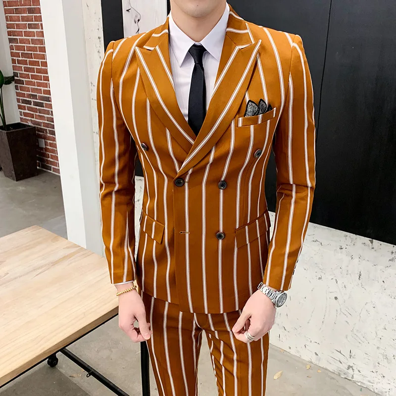 

Double Breasted Striped Tuxedo Men Suits for Wedding Korean Dress Suits 2PCs Man Suit Slim Fit Costume Homme Quality Business