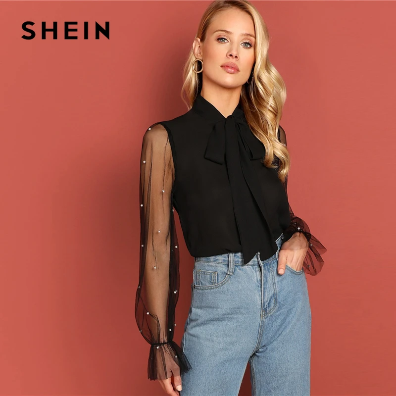 

SHEIN Black Tie Neck Pearl Beading Mesh Sleeve Top Elegant Workwear Long Sleeve Plain Blouses 2018 Autumn Women Tops And Blouses