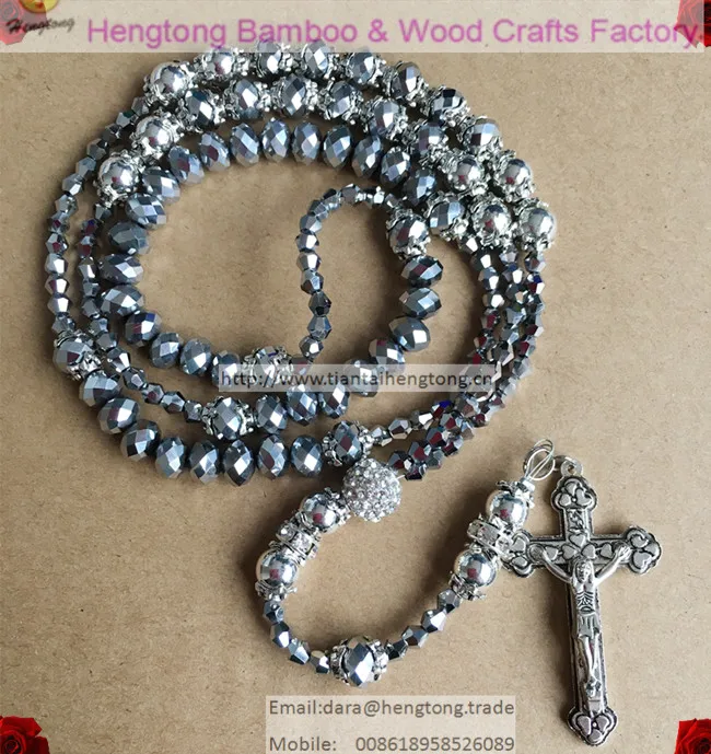 

religious crystal bead rosary with alloy silver coating ball bead and rhinestone ball