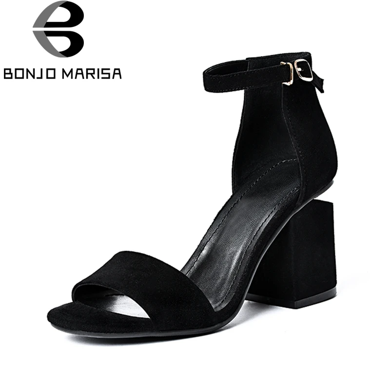 

BONJOMARISA Plus Solid Kid Suede Genuine Leather Black Women Shoes Square High Heel Summer Sandals Woman Shoes Size 34-39