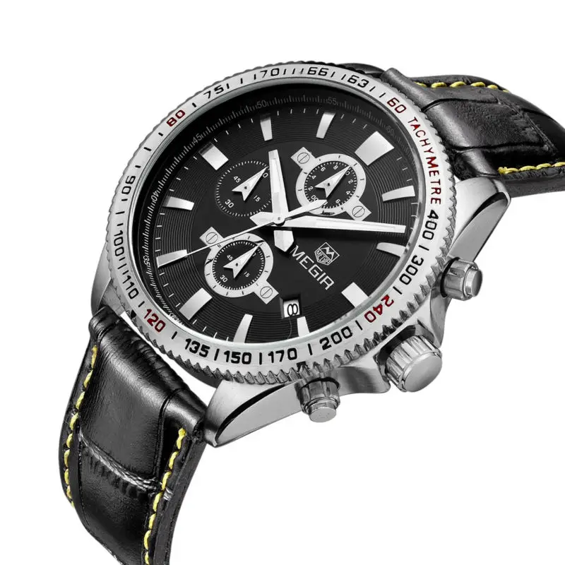 Megir Brand Men Casual Sport Watches Tachymeter Chronograph Function 3ATM Waterproof Vintage
