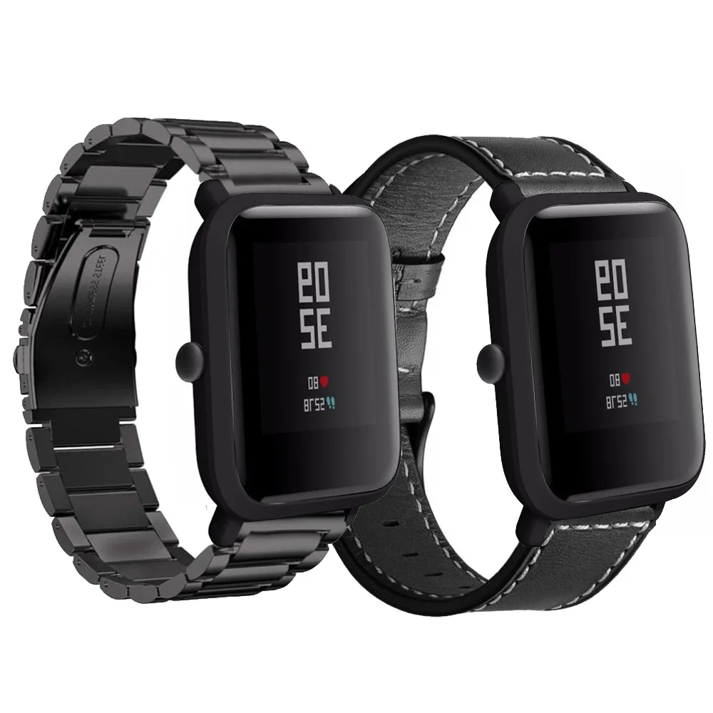 2в1 для Huami Amazfit Bip смарт-браслет из нержавеющей стали + кожаный ремешок Xiaomi Youth Watch |