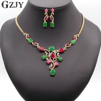 

GZJY Luxury Gold Color Flower Red&Green AAA Cubic Zircon Jewelry Sets For Women Wedding Party Jewelry