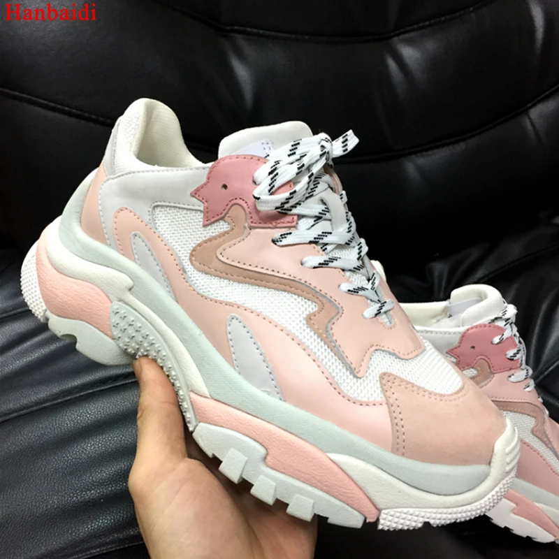 

Hanbaidi Pink Real Leather And Suede Women Sneakers Mixde Colors Women Platforms Shoes Brand Designer Lace Up Trainers Woman