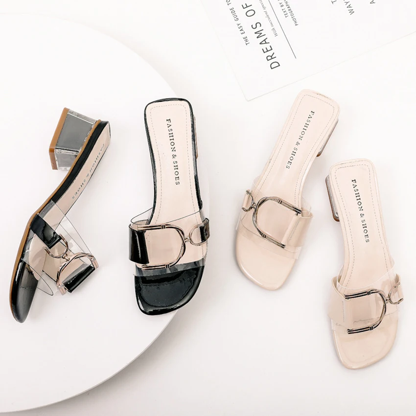 

2019 Fashion Women Sandals Mid Heels Sandals Summer Beige/Black Female Shoes Transparent Casual Lady Shoes Woman Footwear