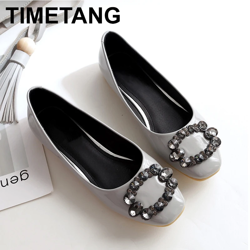 

TIMETANG New autumn 2018 fashion diamond Square head Coat of paint Flat shoes PU leather relaxation the bottom Single shoes C127