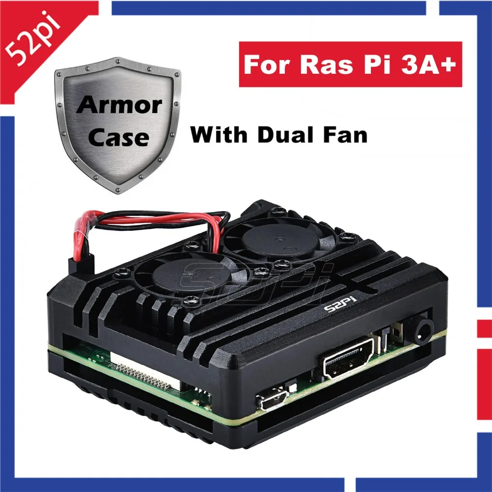 52Pi для RPI 3A +! Панцири случае алюминиевый сплав металлический корпус и двойной вентилятор Радиатор охлаждения для Raspberry Pi 3A +/3A Plus (не включает)