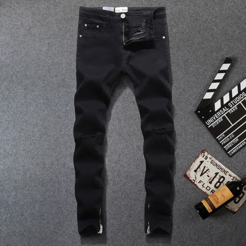 

Fashion Streetwear Men Jeans Elastic Ankle Zipper Hip Hop Pants hombre Black Color Ripped Jeans For Men DSEL Skinny Jeans homme